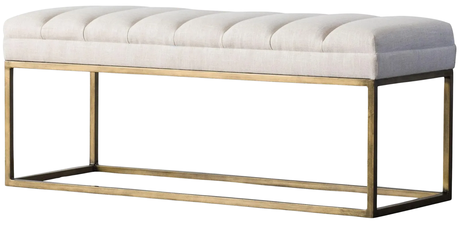 Channel Tufted Ivory Linen and Gold Bench