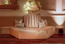 Half Hexagon Taupe Velvet Tower Ottoman