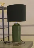 Olive Glass Lamp & Black Linen Shade w/ Gold Lining